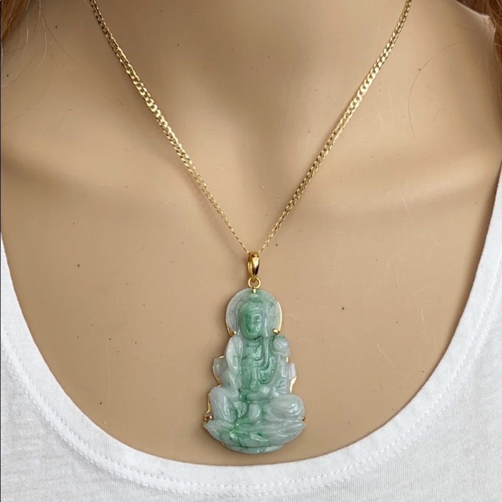 14K Fine Gold Natural Jade Kwan Yin Buddha Pendant